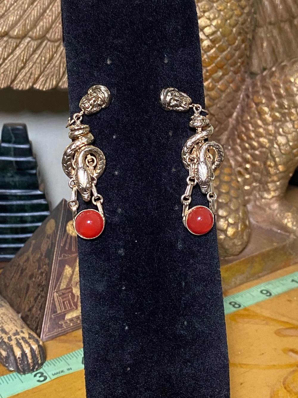 Vintage Gold Snake Drop Earrings with Red Stone